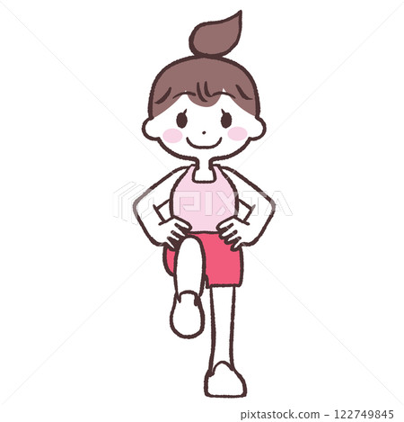 一位女士的全身插圖,她睜著眼睛,雙手叉腰,一條腿抬起 一位女士的全身插圖,她睜著眼睛,雙手叉腰,一條腿抬起 122749845