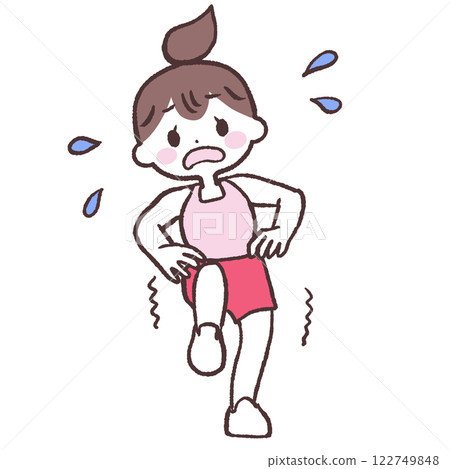 Full-body illustration of a woman with her eyes open, hands on her hips, and one leg raised unsteadily 122749848