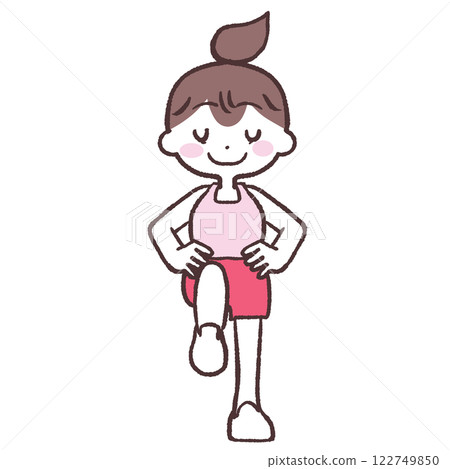 Full-body illustration of a woman with her eyes closed, hands on her hips and one leg raised 122749850