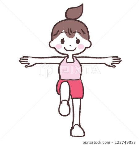 一位女士的全身插畫，她睜著眼睛，伸展雙臂，抬起一條腿 122749852