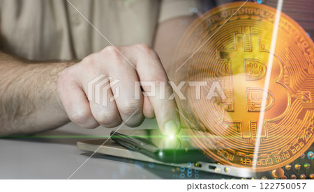digital cryptocurrency: tapping a smartphone with a bitcoin icon and a blockchain visualization digital cryptocurrency: tapping a smartphone with a bitcoin icon and a blockchain visualization 122750057