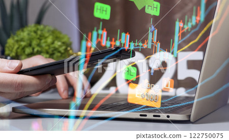 Modern Financial Analysis Concept with Technology Integration - Candlestick Chart Overlay on Digital Devices for 2025 Business Trends 122750075