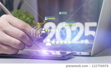Customer Review and Feedback System in 2025. Interactive Rating Technology Displayed on Digital Devices for Business Insights 122750078