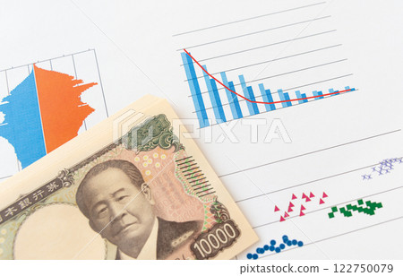 A downward sloping graph and 10,000 yen bills, bar graph, line graph 122750079