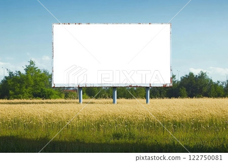 A blank advertising billboard immersed in a wheat field 122750081