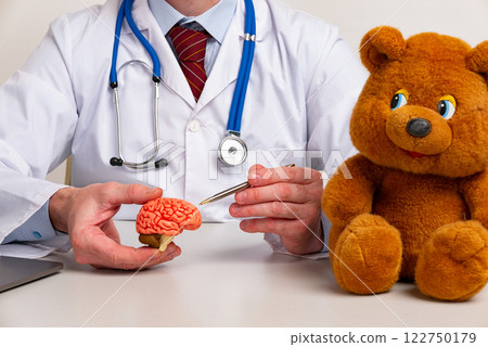 doctor is pointing pen anatomical model human brain. Help and care concept 122750179
