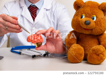 doctor is pointing pen anatomical model human brain. Help and care concept 122750180