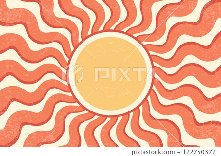 Sunrays retro background. Vector summer 70s poster. Abstract groovy design with grunge texture. Old paper banner with orange spiral beams on yellow backdrop. 122750372