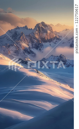 Golden Sunrise Over Snow-Covered Mountain Peaks: Majestic Nature Landscape Photography 122750617