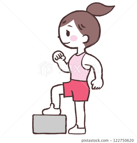 Full-body illustration of a woman climbing backwards off a box 122750620