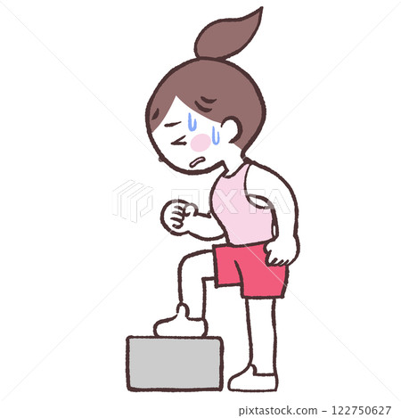 Full-body illustration of a woman climbing backwards off a box, exhausted from the upward and downward motion Full-body illustration of a woman climbing backwards off a box, exhausted from the upward and downward motion 122750627