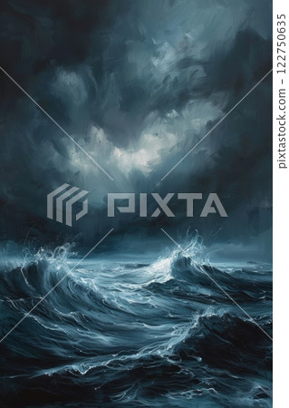 Dramatic Oil Painting of a Turbulent Sea Under a Stormy Sky for Art Prints and Interiors 122750635