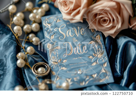 Elegant Save the Date Card with Pearls and Roses for Wedding Invitations and Announcements 122750710