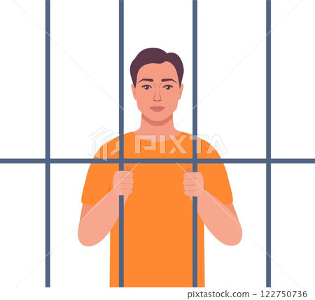 Prisoner in orange suit behind bars of a prison cell. Punishment system for crime and law breaking. Arrested guilty man. Vector illustration. 122750736