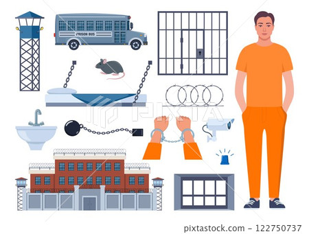 Prison elements. Observation tower, bed, prisoner, window, prison bars, toilet bowl, sink, jail cell, rat, barbed wire, hands in handcuffs, security camera. Penitentiary system icons. Vector. 122750737