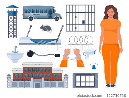 Prison elements. Observation tower, bed, prisoner, window, prison bars, toilet bowl, sink, jail cell, rat, barbed wire, hands in handcuffs, security camera. Penitentiary system icons. Vector. Prison elements. Observation tower, bed, prisoner, window, prison bars, toilet bowl, sink, jail cell, rat, barbed wire, hands in handcuffs, security camera. Penitentiary system icons. Vector. 122750738