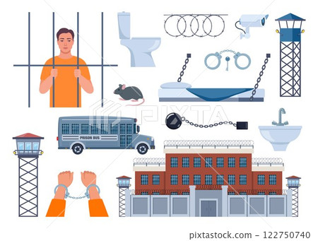 Prison elements. Observation tower, bed, prisoner, window, prison bars, toilet bowl, sink, jail cell, rat, barbed wire, hands in handcuffs, security camera. Penitentiary system icons. Vector. 122750740