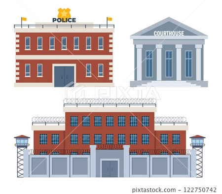 City buildings exterior collection. Facades of court house, police station and prison. Legal services houses. Law, justice system. Vector illustration. 122750742