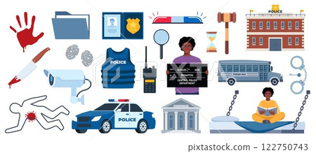 Murder investigation and penitentiary system icons. Police, crime Investigation, court, prison elements. Law and justice. Vector illustration. 122750743