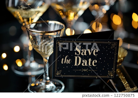 Elegant Save the Date Card with Glitter Accents and Champagne Motif for Chic Celebrations 122750875