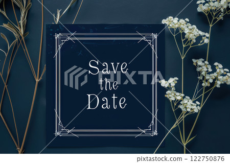 Elegant Save the Date Card Design with Metallic Silver Text and Minimal Geometric Patterns 122750876