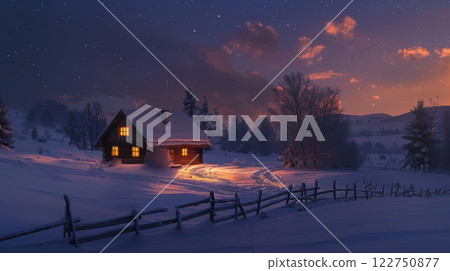 Cozy Winter Cabin Under Starry Sky at Dusk - Perfect for Holiday Cards and Winter Designs 122750877