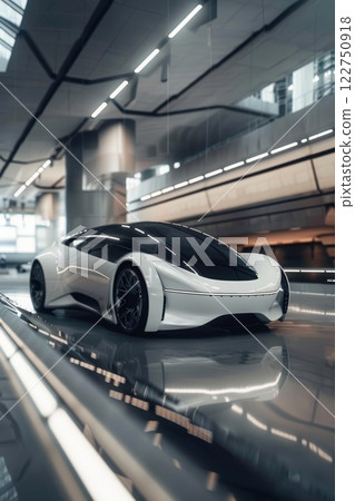 Futuristic White Electric Car in High-Tech Urban Setting for Automotive Design and Innovation 122750918