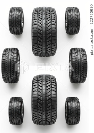 Modern Car Tire Set Showcasing Tread Design and Sidewall Details for Automotive Marketing 122750950