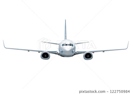 Front view of the passenger airplane flying isolated on white background 122750984