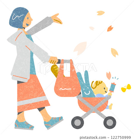 嬰兒和母親享受春天-豐富多彩和有趣的水彩插圖 122750999