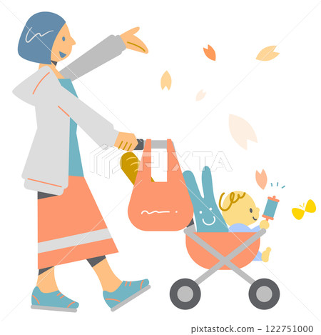 嬰兒和母親在春天歡欣鼓舞 — — 色彩繽紛、有趣的平面插圖 122751000
