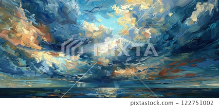 Expressive Oil Painting of Stormy Sky Over Calm Sea for Artistic Home Decor Design 122751002