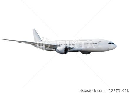 Wide body passenger jetliner fly isolated on white background 122751008
