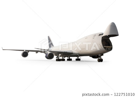 Wide body cargo transport airplane with an open nose hatch isolated on white Wide body cargo transport airplane with an open nose hatch isolated on white 122751010