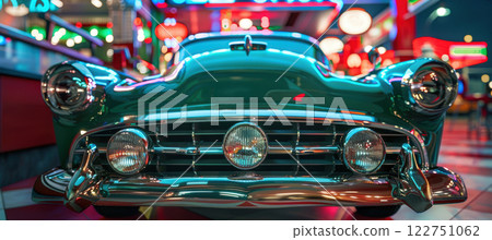 Vintage Green Car at Retro Diner with Neon Lights Nostalgic Automotive Scene for Posters Vintage Green Car at Retro Diner with Neon Lights Nostalgic Automotive Scene for Posters 122751062