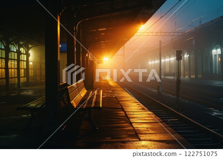 Serene Dawn at a Deserted Train Station Platform with Illuminated Bench 122751075
