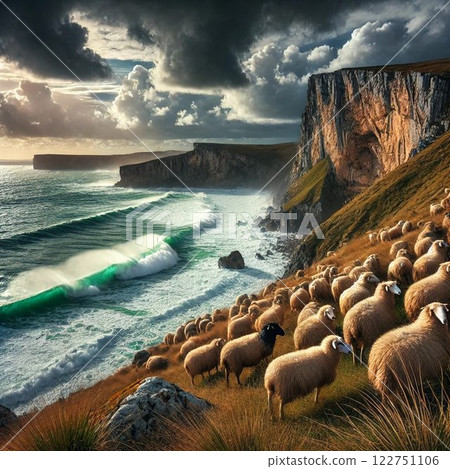 Illustration of a flock of sheep grazing on the edge of a cliff 122751106