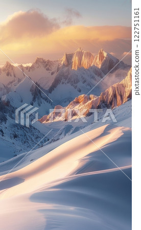 Golden Sunrise Over Snow-Covered Mountain Peaks: Tranquil Scenic Beauty for Posters and Prints 122751161