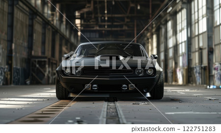 Powerful Muscle Car with Matte Black Finish in Urban Industrial Setting for Automotive Design Powerful Muscle Car with Matte Black Finish in Urban Industrial Setting for Automotive Design 122751283