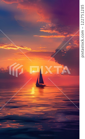 Sunset Serenity: Tranquil Ocean with Sailboat Silhouette for Wall Art and Decor 122751285
