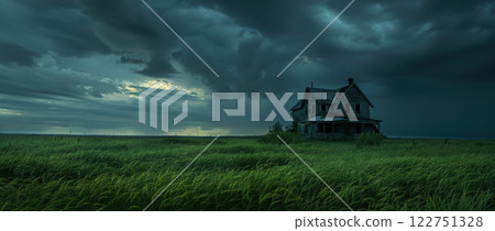 Eerie Abandoned Farmhouse Amidst Field Under Looming Storm Clouds - Mysterious Landscape Imagery 122751328