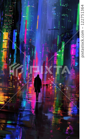 Futuristic City Skyline at Night with Neon Reflections and Silhouette 122751364