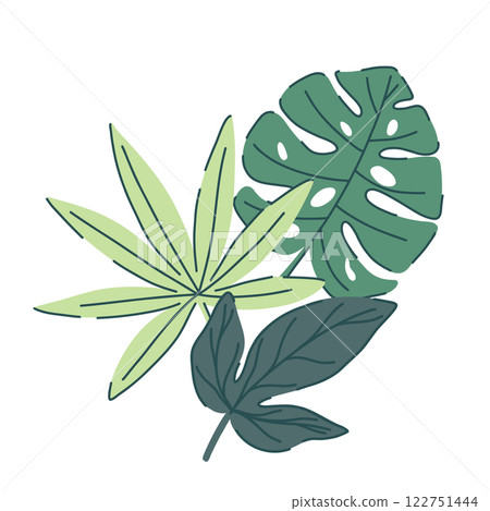 tropical green leaves composition. monstera, palm, ivy in various shapes and sizes. simple flat style. Vector illustration. Perfect for prints, packaging, invitations, branding, backgrounds, textile 122751444