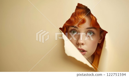 Red-haired girl peeking through torn paper 122751594
