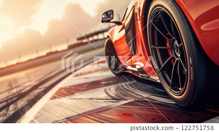 High Performance Sports Car Racing at Sunrise: Speed, Precision, and Advanced Brake Technology High Performance Sports Car Racing at Sunrise: Speed, Precision, and Advanced Brake Technology 122751758