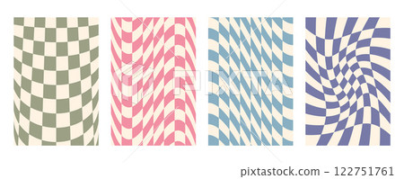 Groovy distorted checkered background set. Hand drawn groovy, hippie backgrounds. Distorted checker, warped streaks, fluid liquid wavy lines, doodle waves. Checkered rectangle templates collection. 122751761