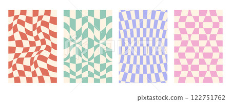 Groovy distorted checkered background set. Hand drawn groovy, hippie backgrounds. Distorted checker, warped streaks, fluid liquid wavy lines, doodle waves. Checkered rectangle templates collection. 122751762