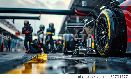 High-Performance Racing Car in Action at Pit Stop Showcasing Speed and Precision 122751777