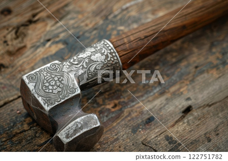 Antique Hammer with Intricate Engravings on Rustic Wooden Table for Vintage Tool Enthusiasts 122751782