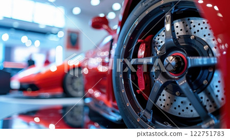 High-Performance Ceramic Brake Pads with Dynamic Sports Car in Modern Showroom Display 122751783